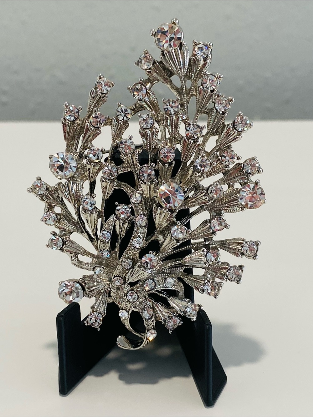 Vintage Brooch Clear Rhinestone Floral Spray Bouquet Silvertone Statement Large